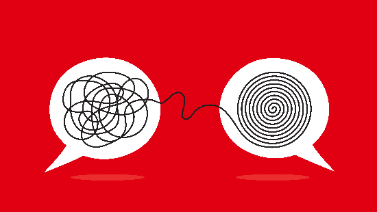 Two callouts talking, one has unraveled string, the other has neatly wound spiral string with red background
